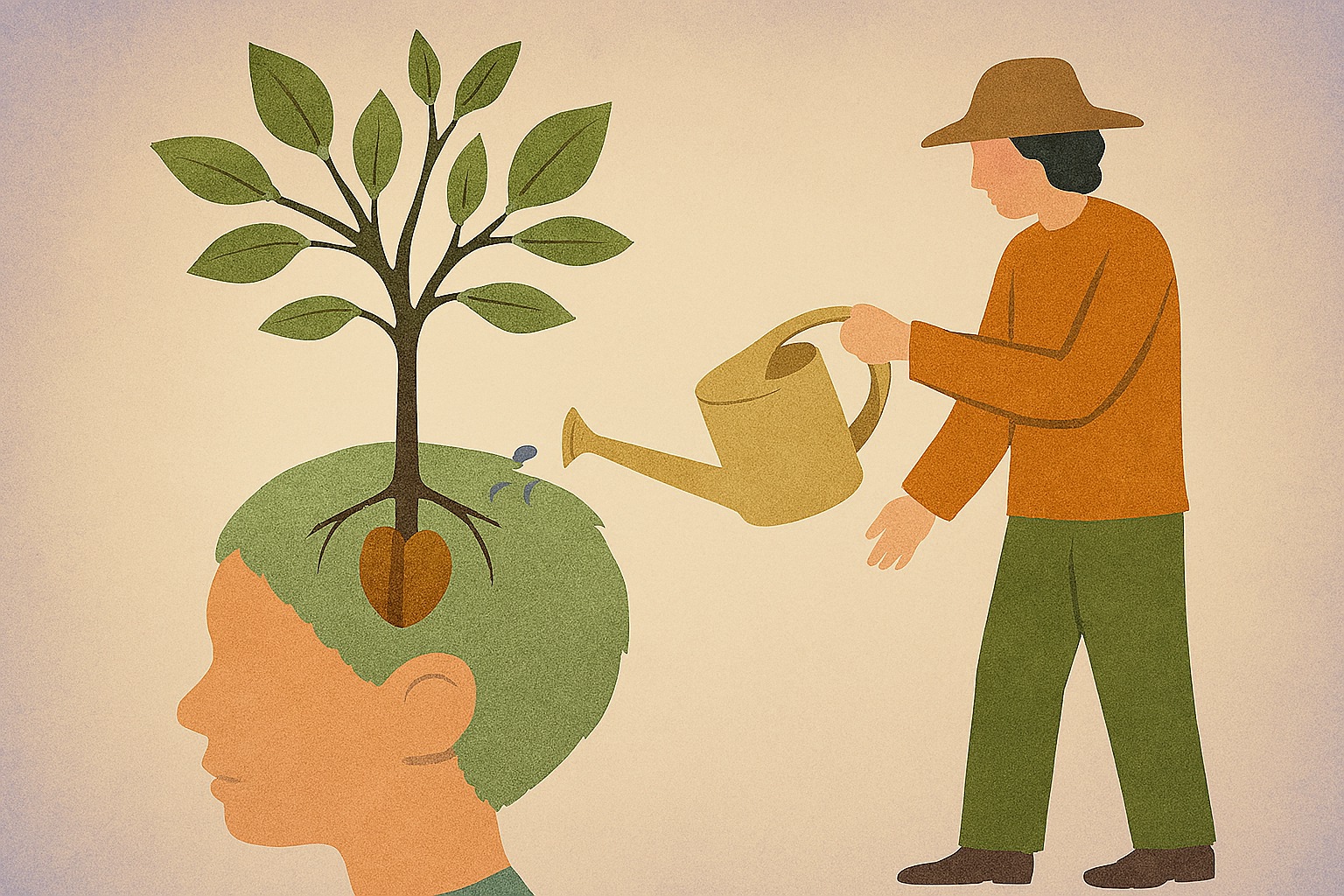 An artistic illustration of a small seed sprouting into a tree, symbolizing a child’s mind growing through education.